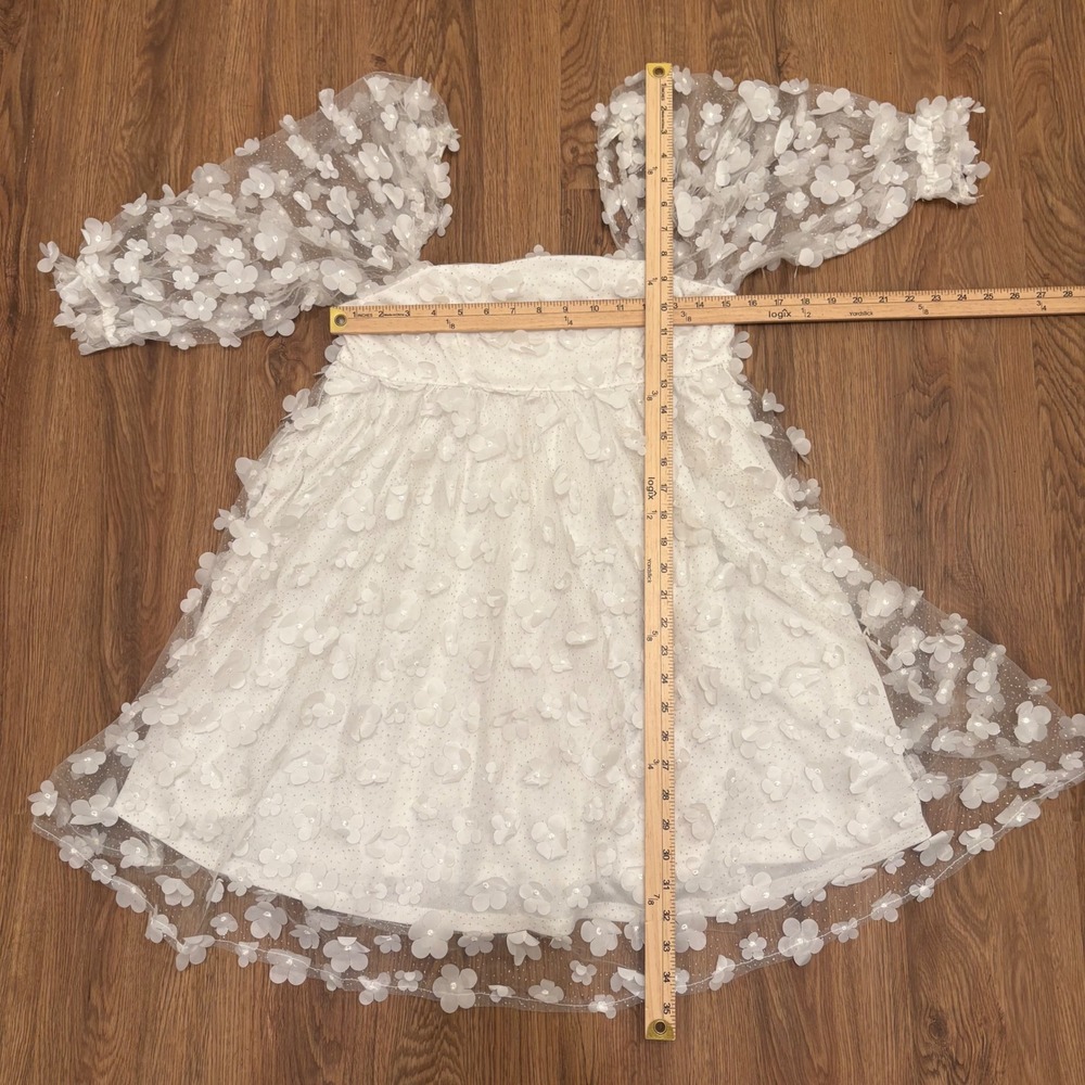 Storia White 3D Floral Mesh Mini Dress Puff Sleeve Bridal Cottage Babydoll S - Picture 3 of 4